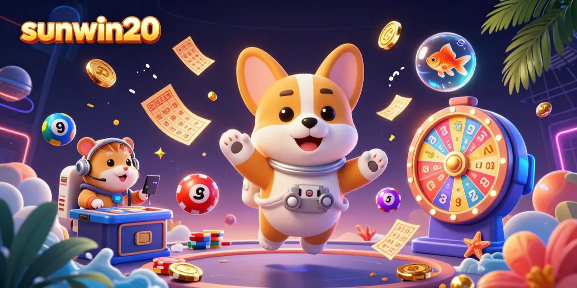 Experience thrilling gaming with sunwin20 as a charming corgi astronaut explores a floating casino.