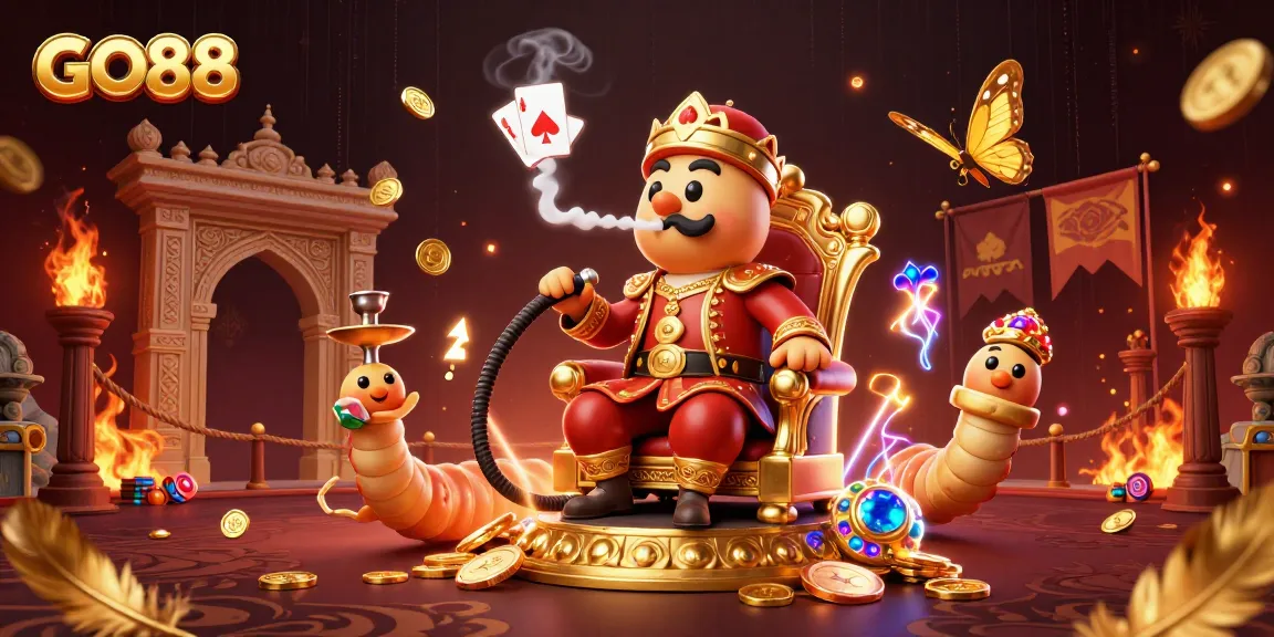 Enjoy GO88's thrilling atmosphere as the caterpillar hookah-master dazzles with poker hand smoke rings and gold coins.